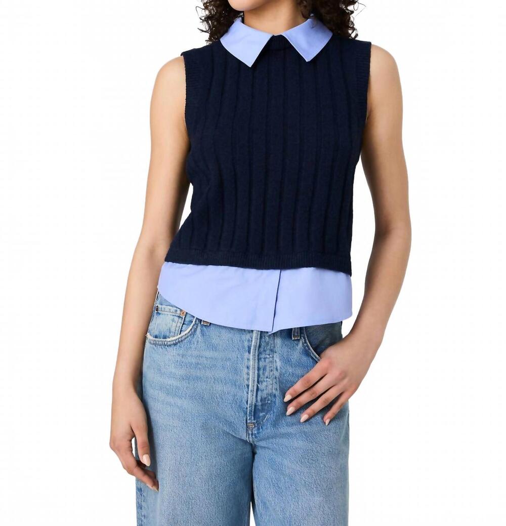 NEW FRENCH CONNECTION aleyna knit poplin collared vest in marine blue combo